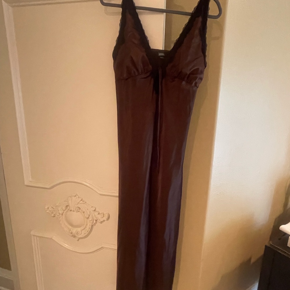 Brown Satin Slip Dress with Black Lace Trim